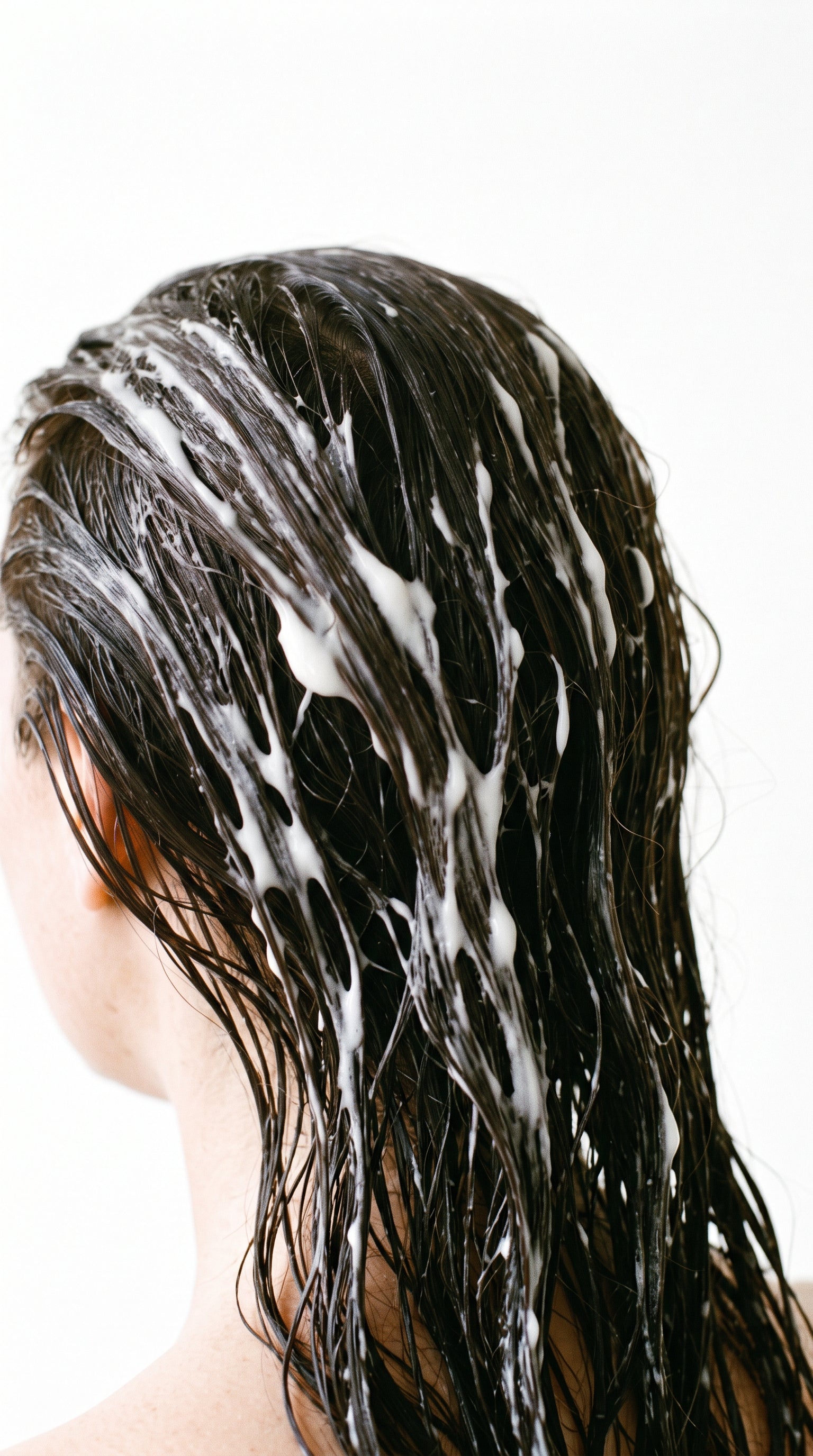 Dark wet hair coated in creamy white conditioner against a white background
