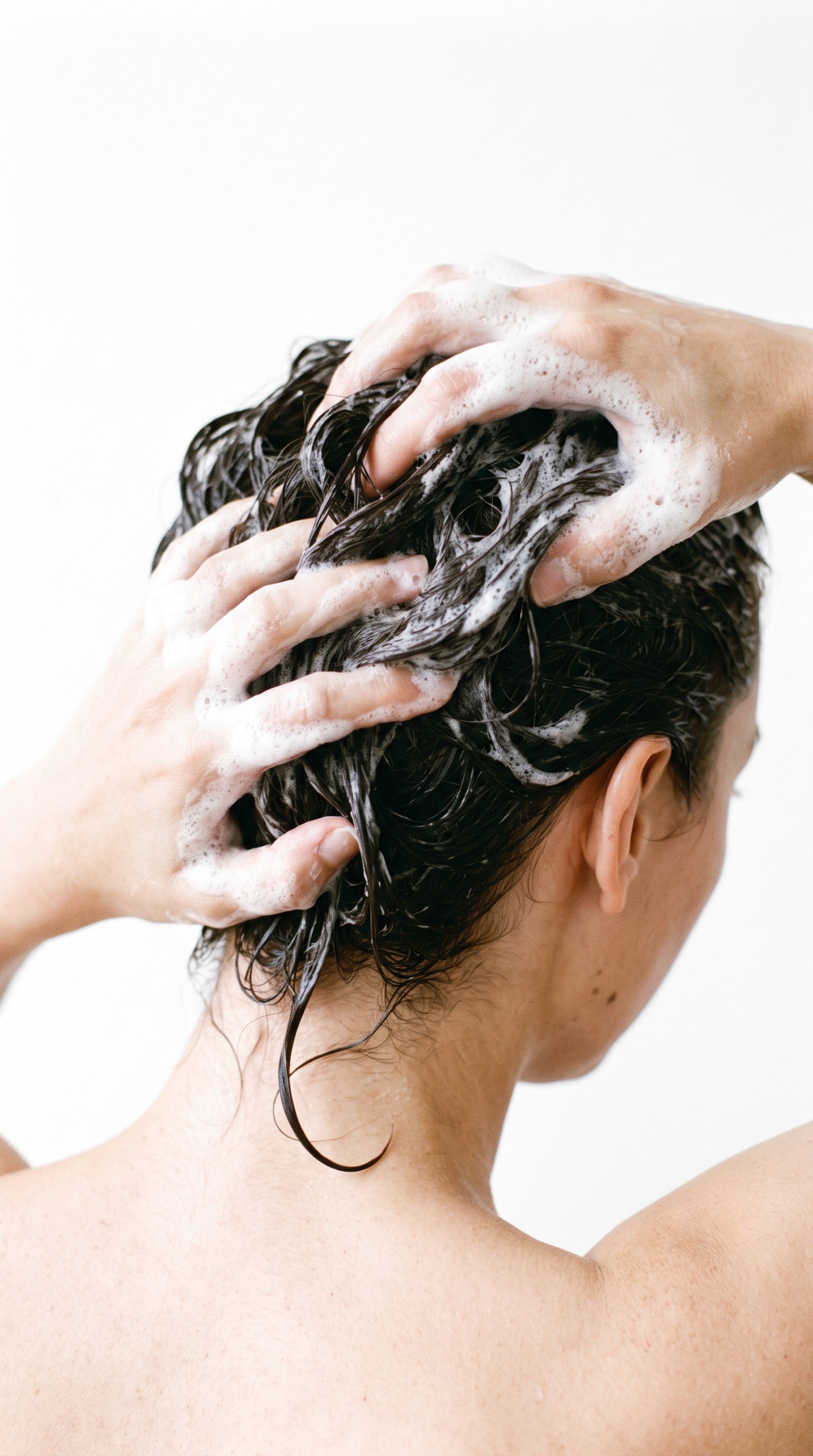 Hands massaging shampoo lather into dark wet hair, seen from behind